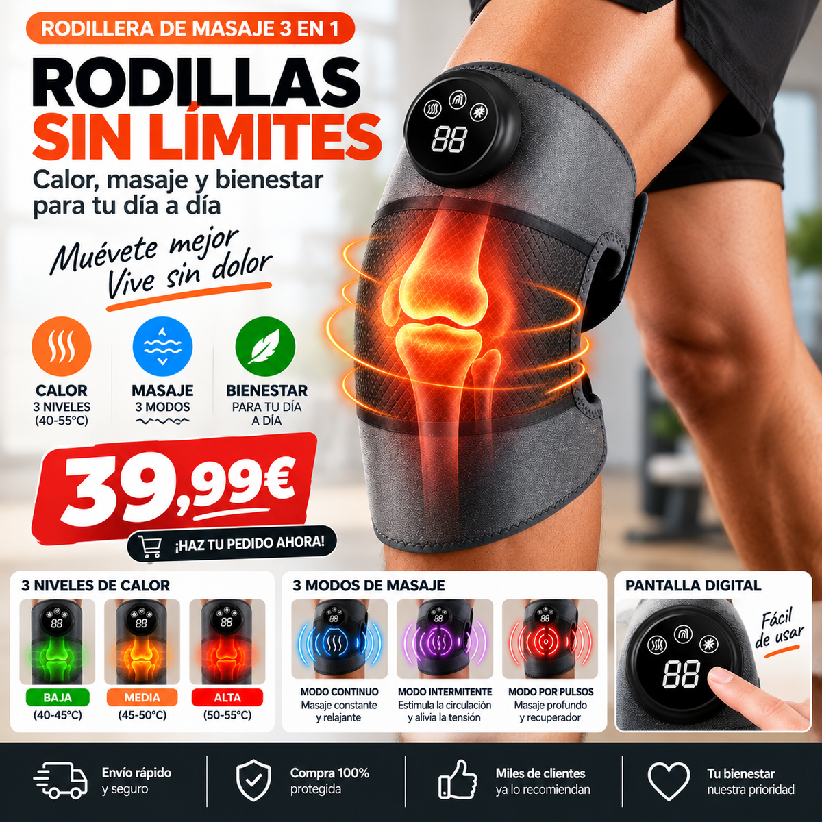 RODILLERA DE MASAJE 3 EN 1 CON CALOR