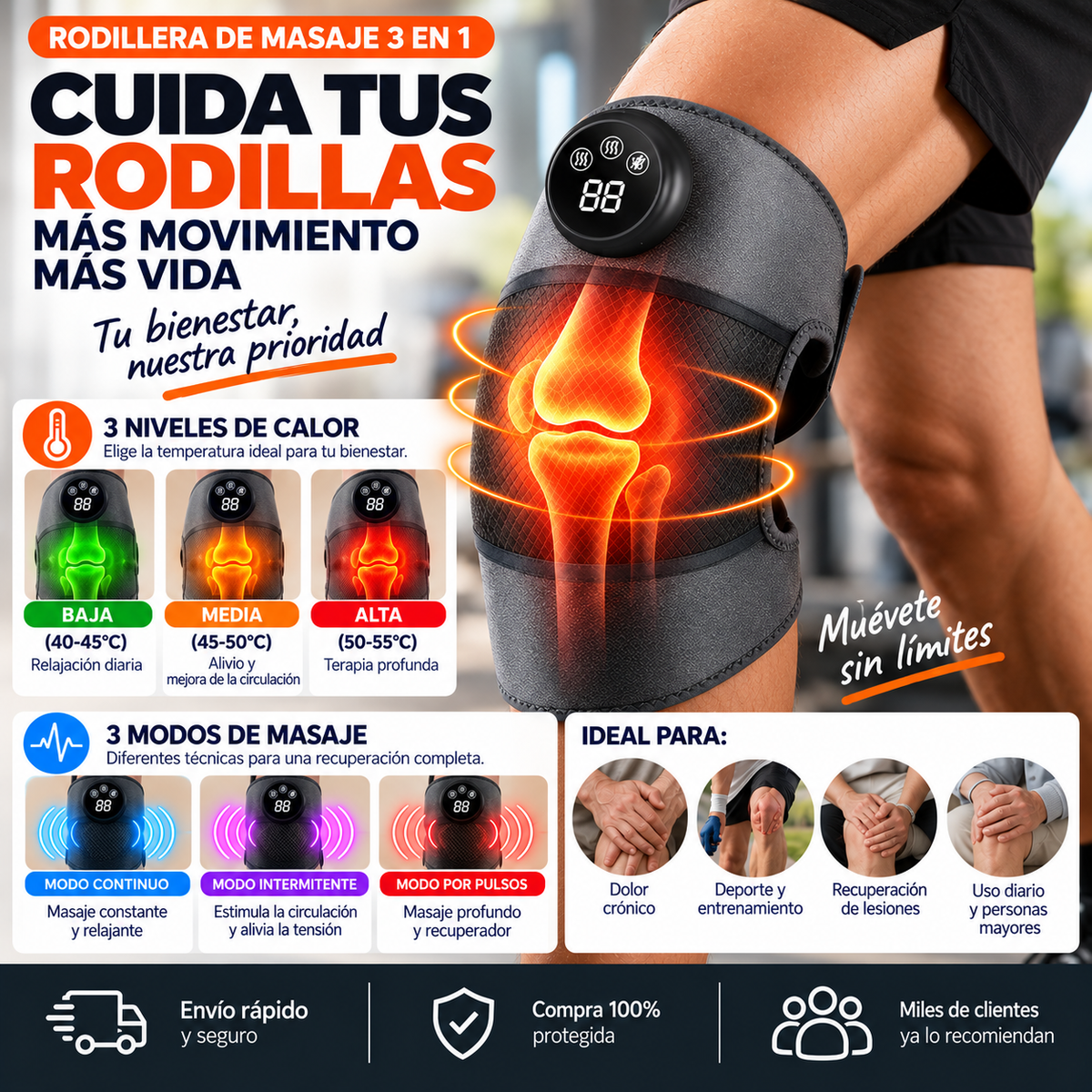 RODILLERA DE MASAJE 3 EN 1 CON CALOR